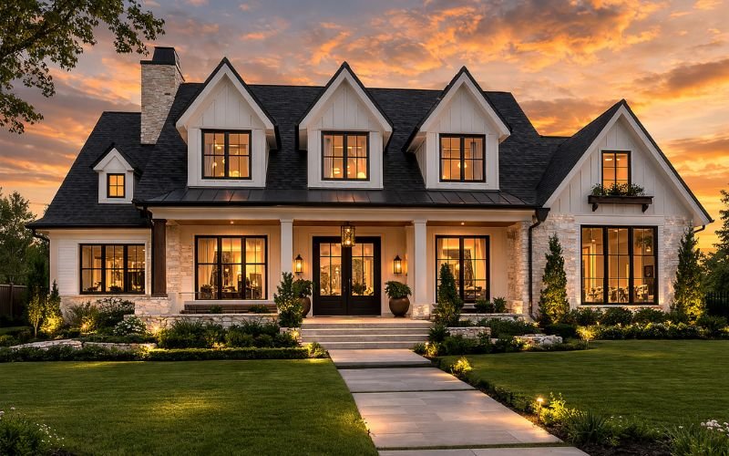 luxury house featuring multiple gable dormer roofs with symmetrical dormer windows