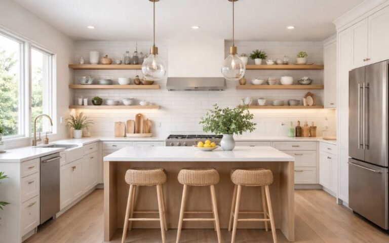 functional kitchen remodeling with island, shelving and lighting