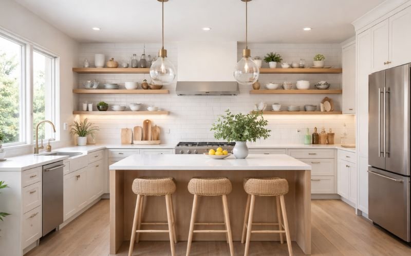 functional kitchen remodeling with island, shelving and lighting
