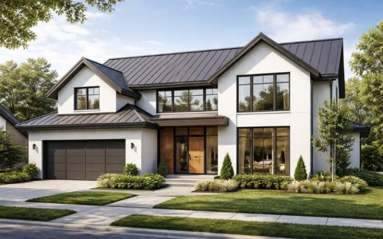 modern home exterior with standing seam metal roofing system