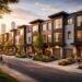 Row of modern townhomes in urban neighborhood with community spaces