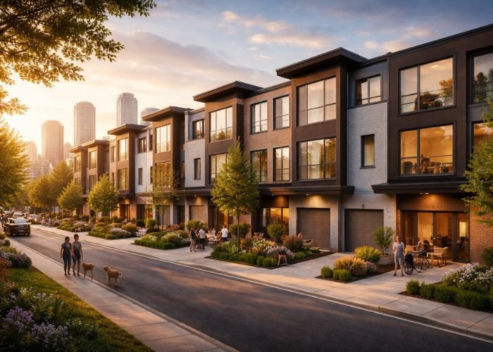 Row of modern townhomes in urban neighborhood with community spaces