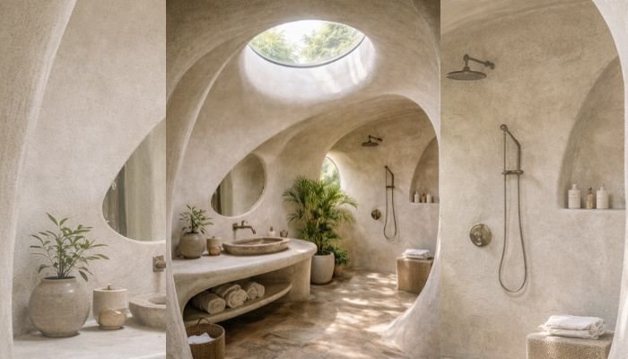 Natural bathroom inside Nautilus House Mexico with curved walls and circular skylight above