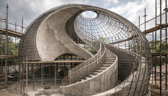 Concrete shell construction framework of Nautilus House Mexico showing reinforced structure