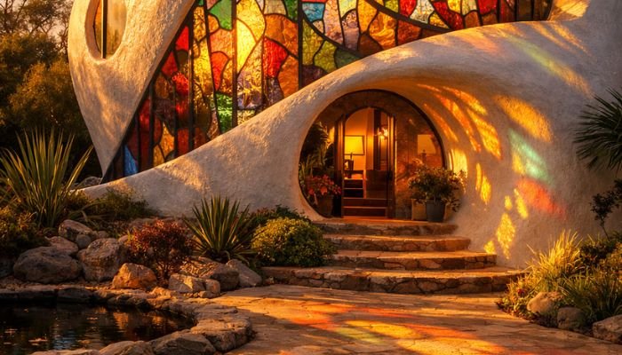 Golden hour sunlight illuminating stained glass facade of Nautilus House Mexico