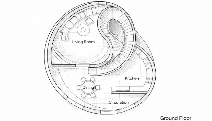 Ground floor plan of Nautilus House Mexico showing spiral layout and room arrangement