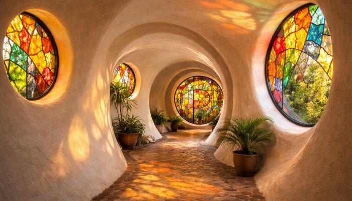 Curved interior corridor inside Nautilus House Mexico with circular stained glass openings