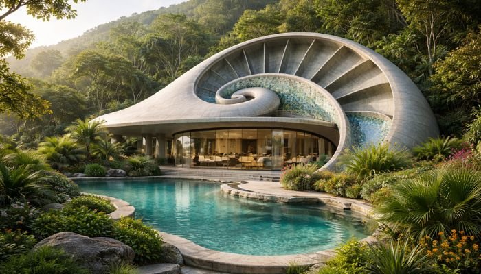 Nautilus House Mexico integrated into green hillside landscape with organic shell design
