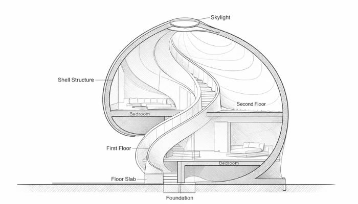 Architectural section drawing of Nautilus House Mexico showing internal levels and curved shell structure