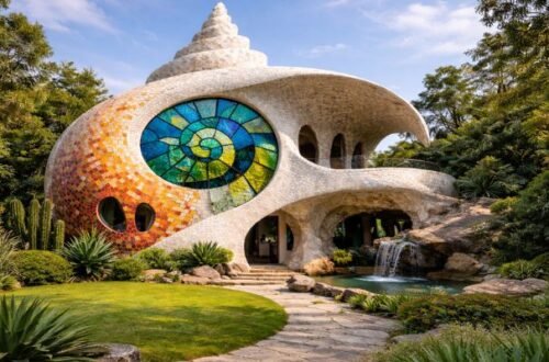 Front exterior view of the spiral seashell-inspired organic house in Mexico featuring mosaic stained glass facade.