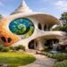 Front exterior view of the spiral seashell-inspired organic house in Mexico featuring mosaic stained glass facade.
