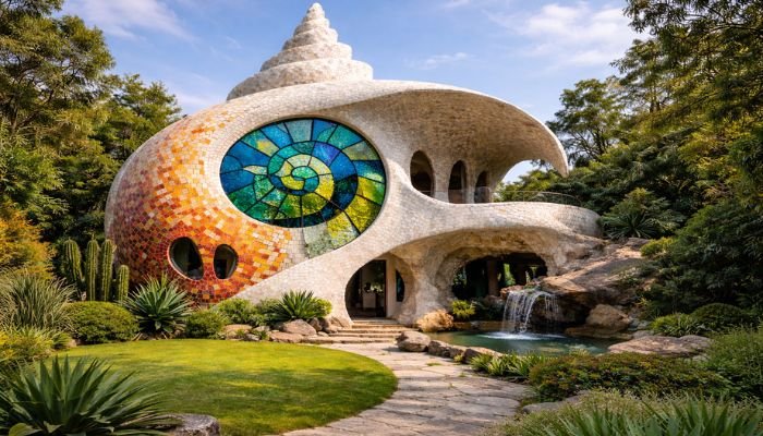 Front exterior view of the spiral seashell-inspired organic house in Mexico featuring mosaic stained glass facade.