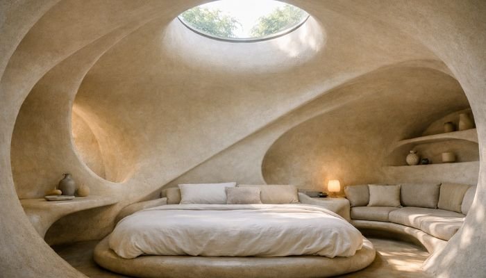 Organic cocoon-shaped bedroom inside Nautilus House Mexico with curved walls and circular skylight