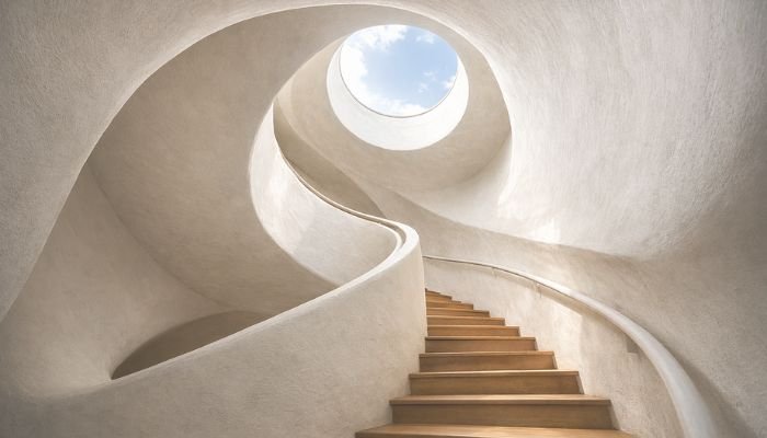 Spiral staircase inside Nautilus House Mexico following curved organic shell geometry