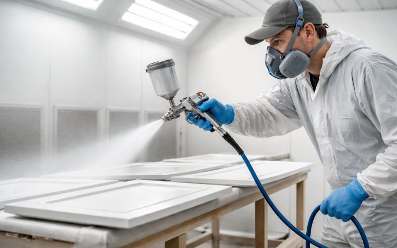 professional painter using spray gun to paint kitchen cabinets smoothly
