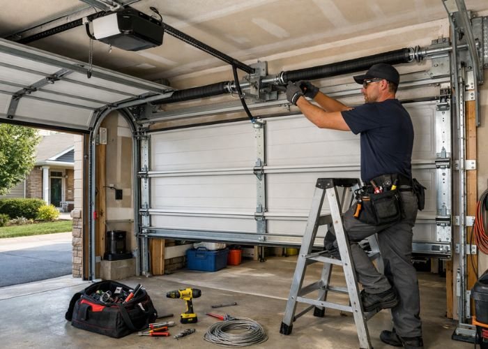 Technician repairing or installing a garage door with tools and safety equipment