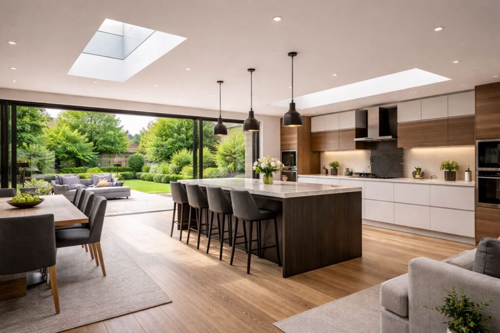 Open plan kitchen created by rear house extension with large sliding doors