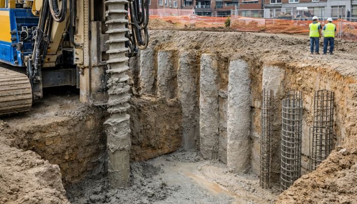 Secant pile shoring wall with overlapping reinforced concrete piles