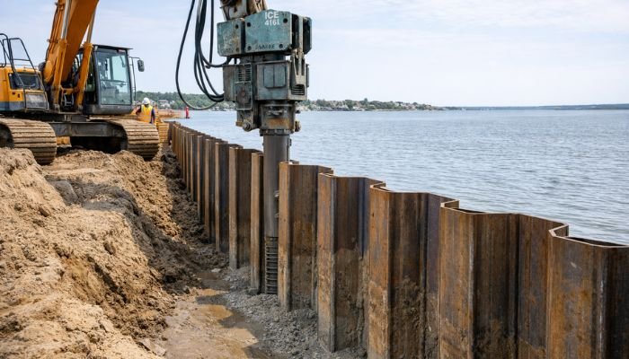 Steel sheet pile shoring wall installed near waterfront excavation