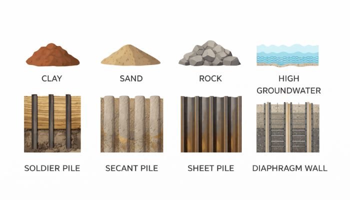 Soil type comparison chart showing clay, sand, rock, and high groundwater matched with soldier pile, secant pile, sheet pile, and diaphragm wall shoring systems