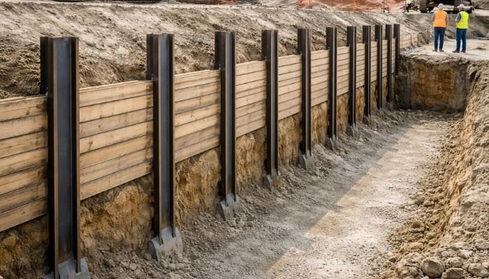 Soldier pile shoring system with steel H beams and timber lagging