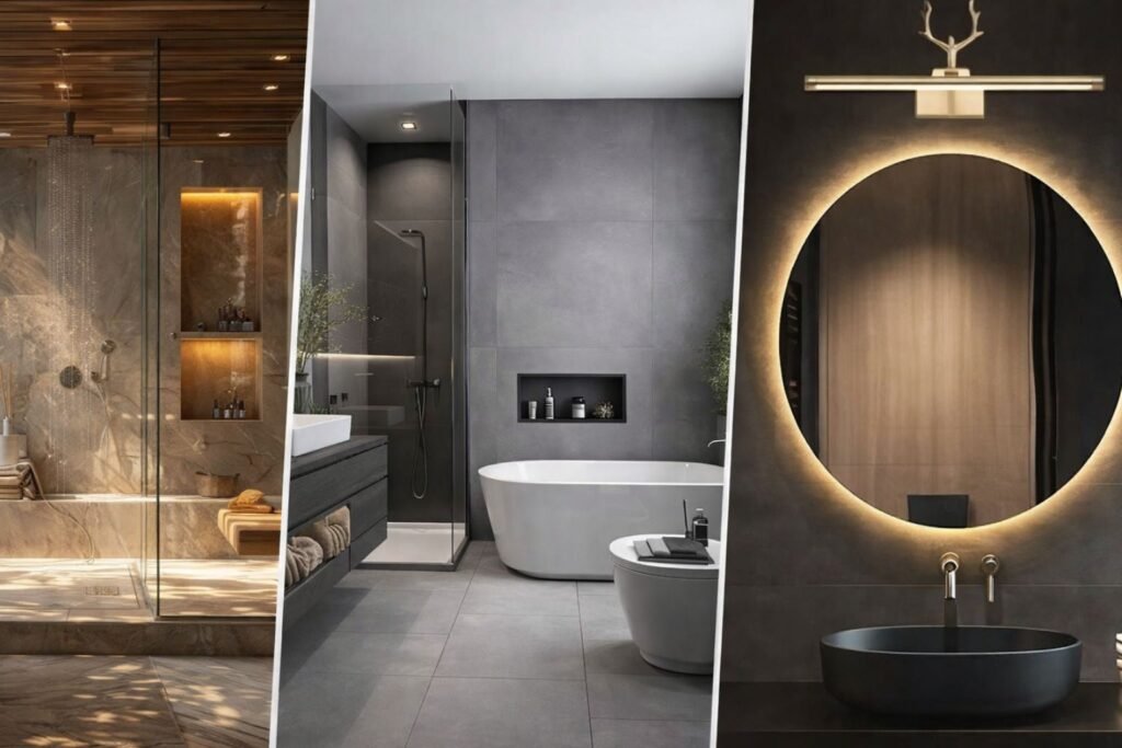 modern bathroom design trends collage featuring spa style bathroom minimalist bathtub design and backlit LED mirror lighting