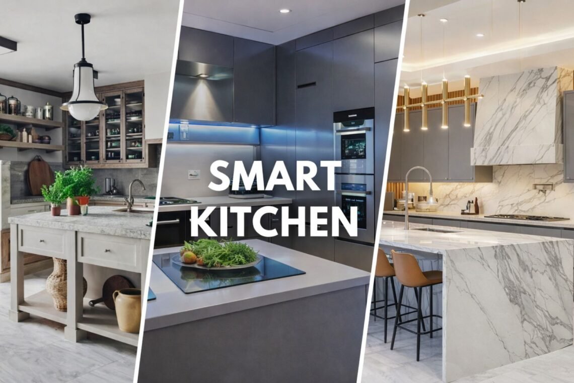 modern kitchen design trends collage featuring farmhouse kitchen smart kitchen and luxury marble kitchen