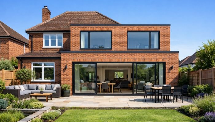 Two story rear house extension adding upper bedroom and ground floor living space