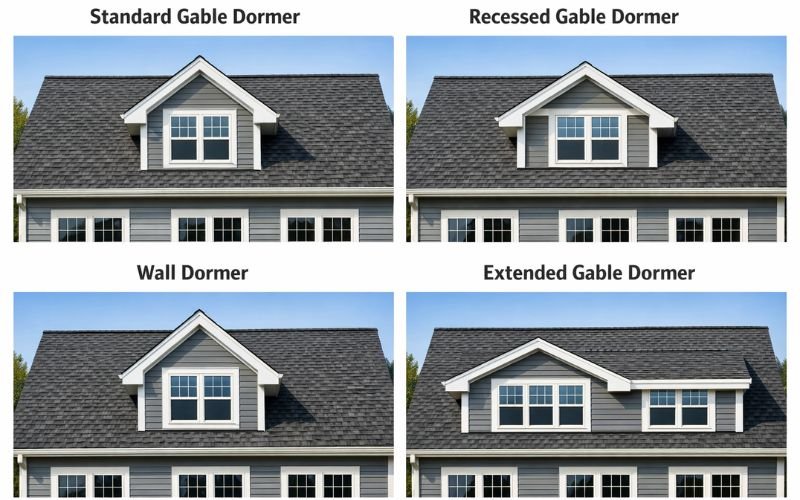 types of gable dormer roof designs including standard recessed wall and extended dormers
