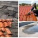 Different roofing types including asphalt shingles, metal, tile, and flat roofs with repair needs