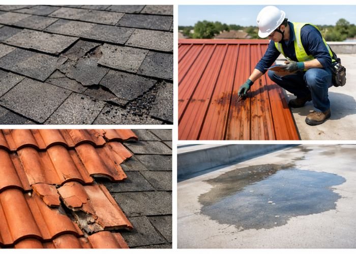 Different roofing types including asphalt shingles, metal, tile, and flat roofs with repair needs