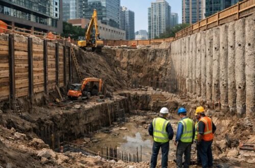 Types of shoring walls used in deep urban excavation construction project