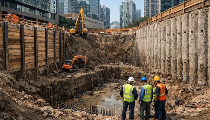 Types of shoring walls used in deep urban excavation construction project