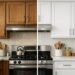 kitchen cabinets before and after painting showing smooth durable finish using different paint types