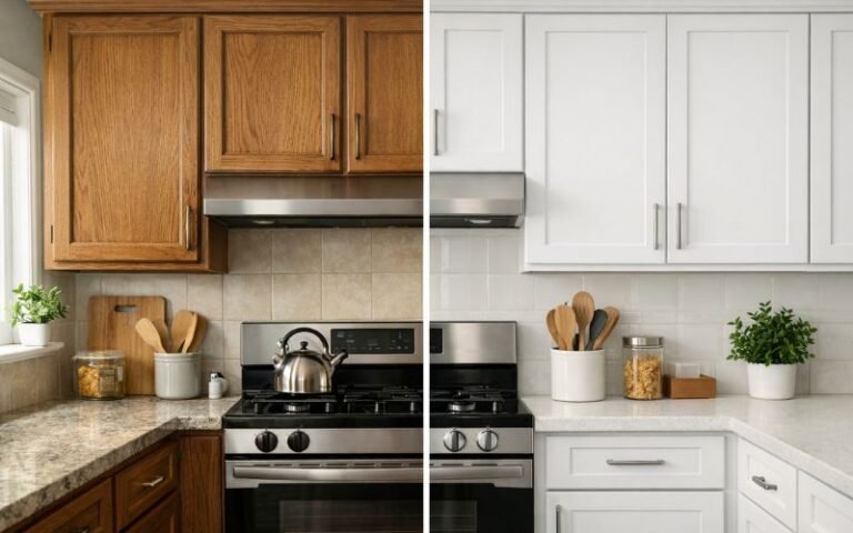 kitchen cabinets before and after painting showing smooth durable finish using different paint types