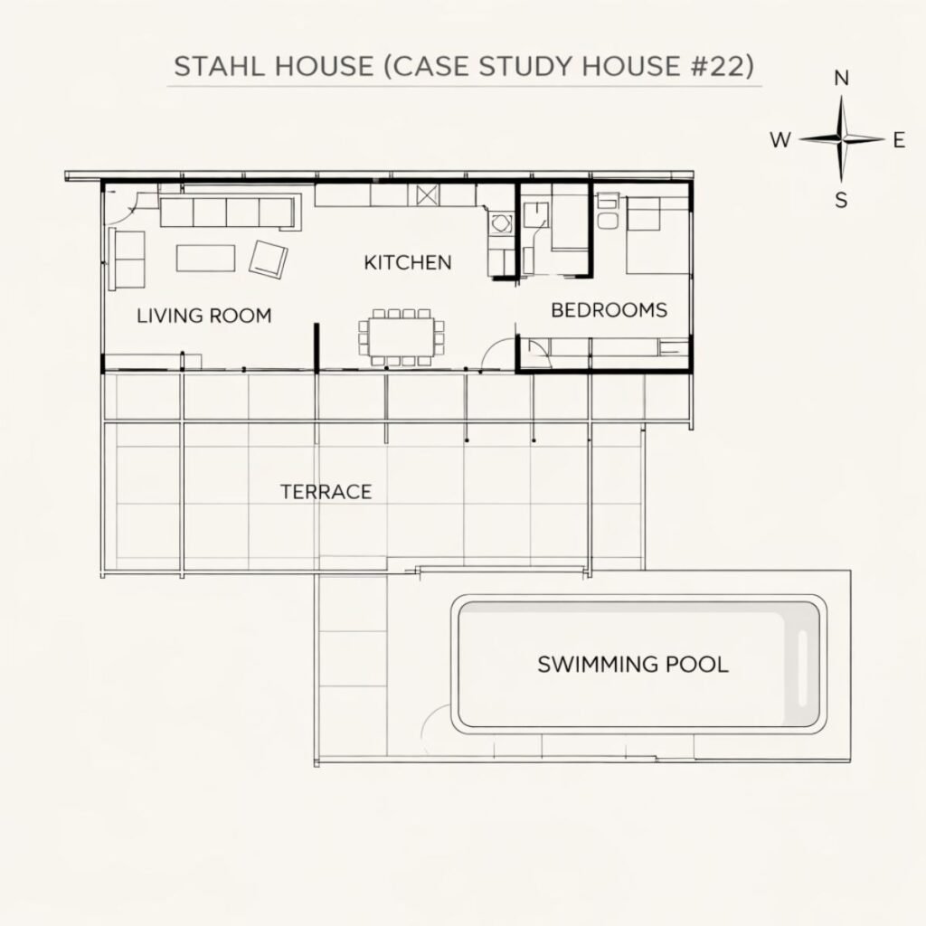 Stahl House floor plan diagram showing L-shaped layout with pool and room arrangement