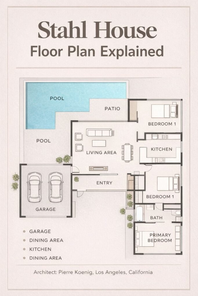 Stahl House floor plan Pinterest infographic with labeled layout