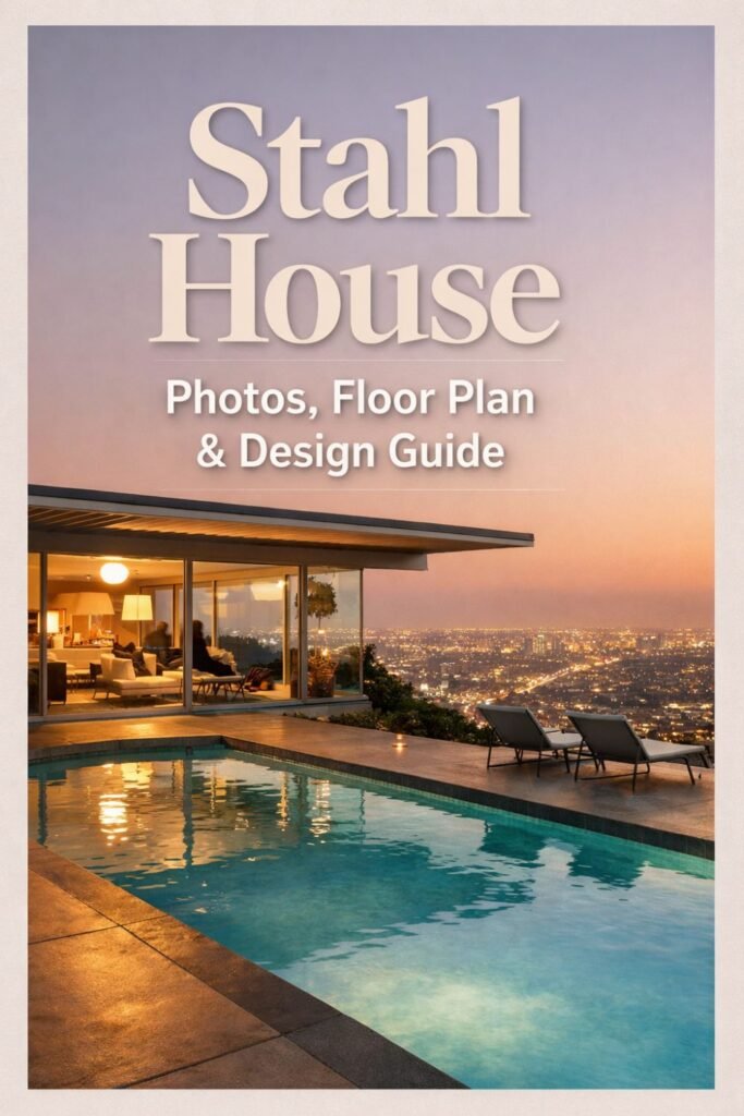 Stahl House Pinterest image showing photos floor plan and design guide