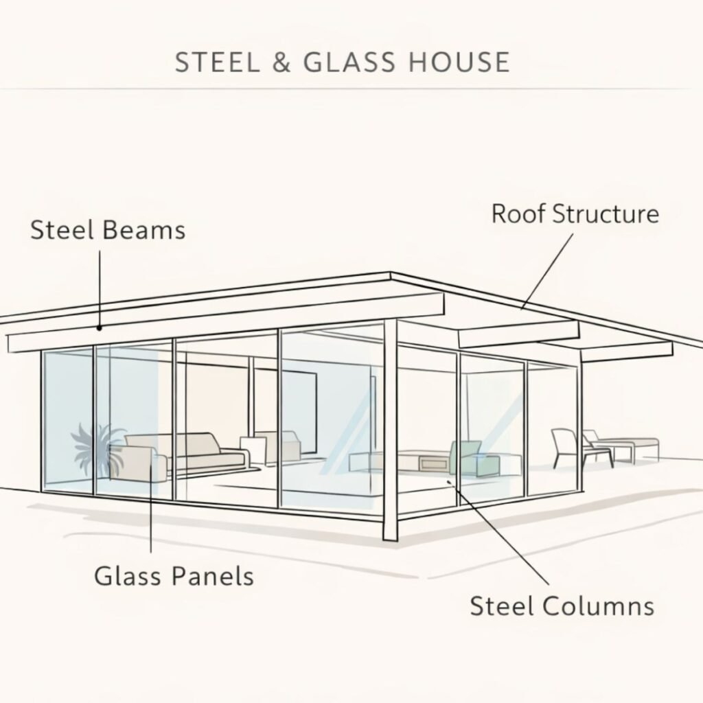 Steel and glass structure diagram of Stahl House showing beams and columns