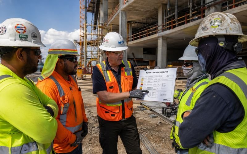 construction team discussing activity hazard analysis steps