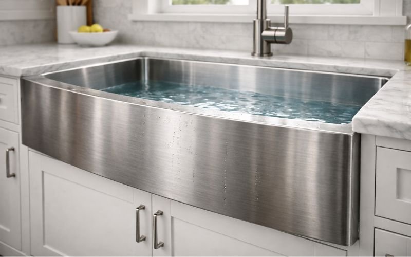 close up stainless steel farmhouse sink apron front brushed finish