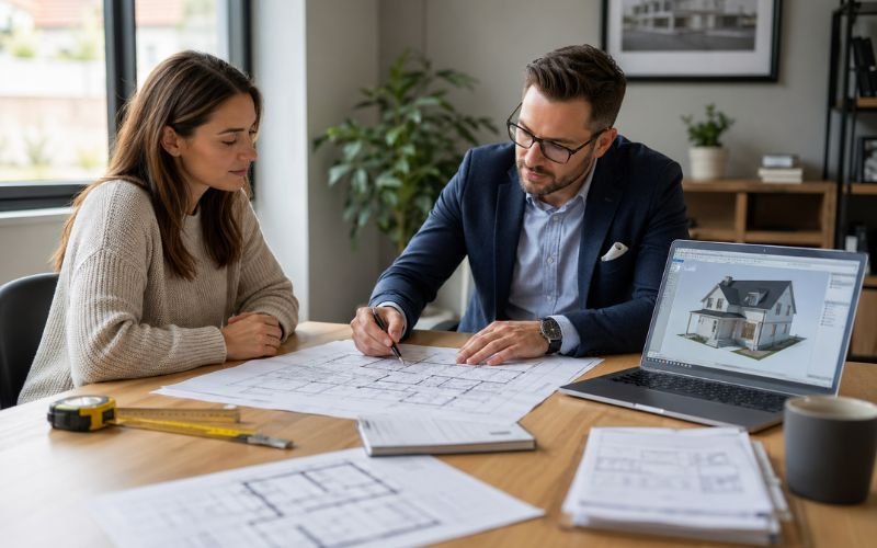 homeowner meeting architectural engineer reviewing house plans consultation
