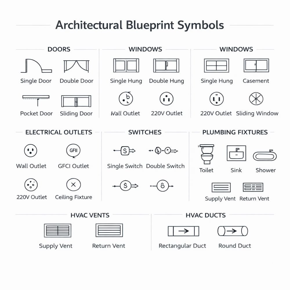 house blueprint symbols chart with electrical plumbing and HVAC icons