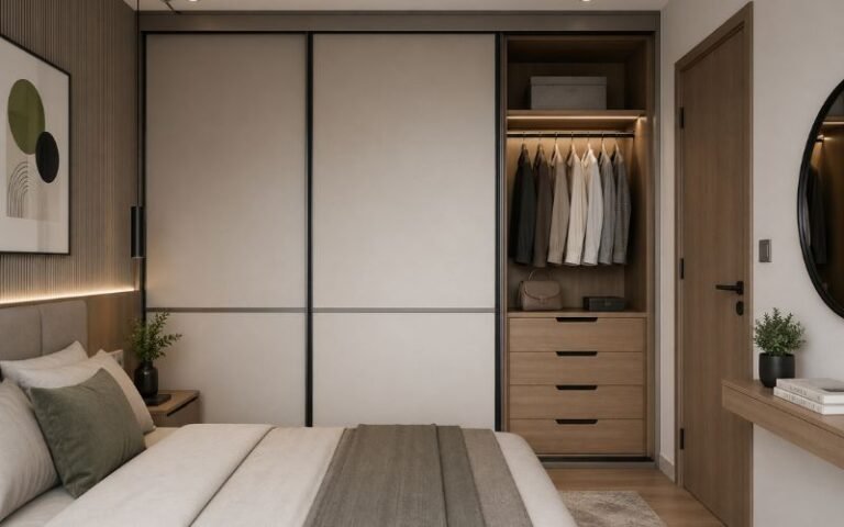 fitted wardrobes in small bedroom with sliding doors and mirrored panels