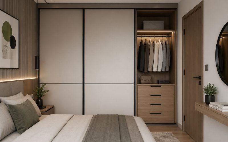 fitted wardrobes in small bedroom with sliding doors and mirrored panels