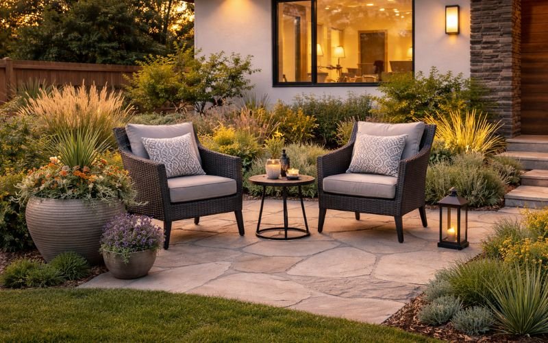 Front yard seating area with patio chairs and decorative plants for outdoor living