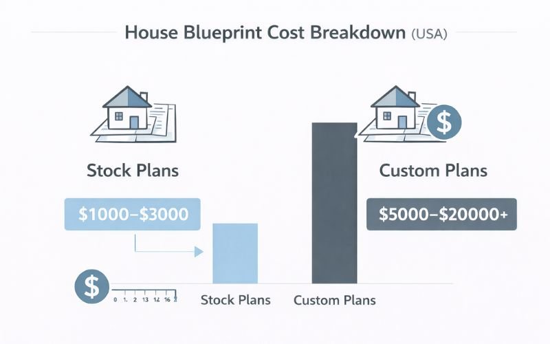 house blueprint cost breakdown USA stock vs custom plans