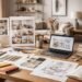 Interior designer workspace with mood boards and material samples