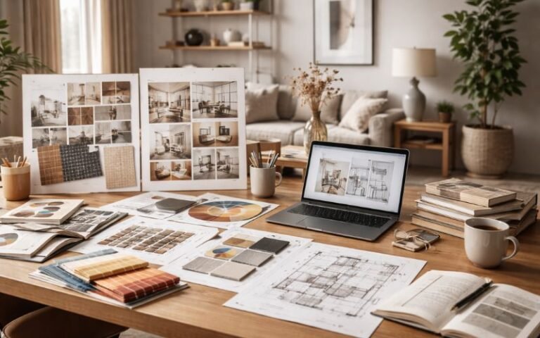 Interior designer workspace with mood boards and material samples
