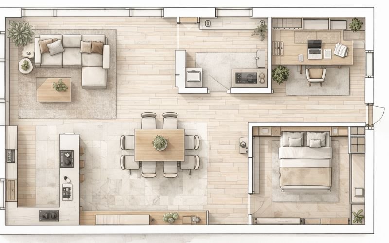 Interior space planning layout with furniture arrangement
